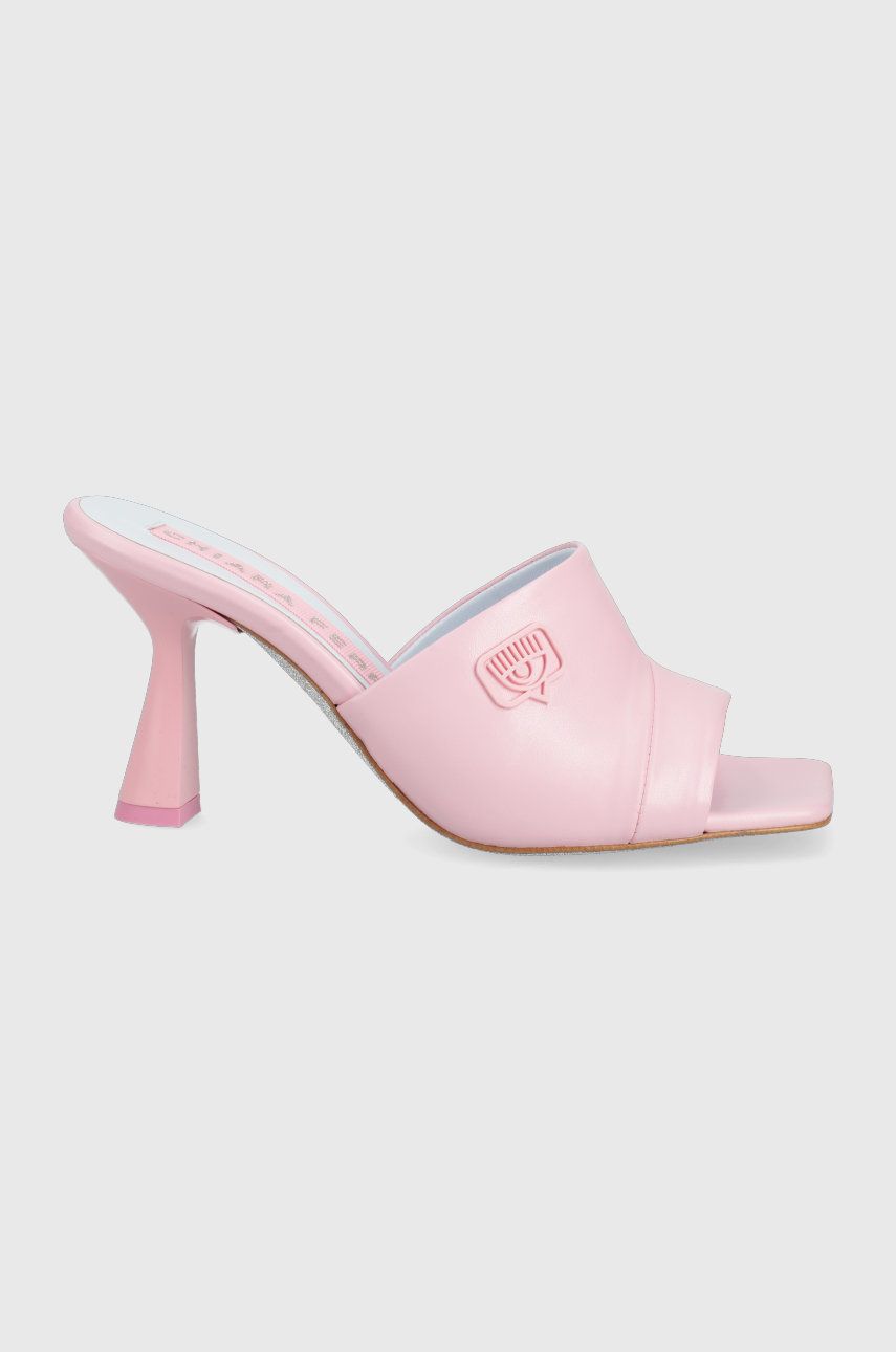 Levně Kožené pantofle Chiara Ferragni dámské, růžová barva, na podpatku