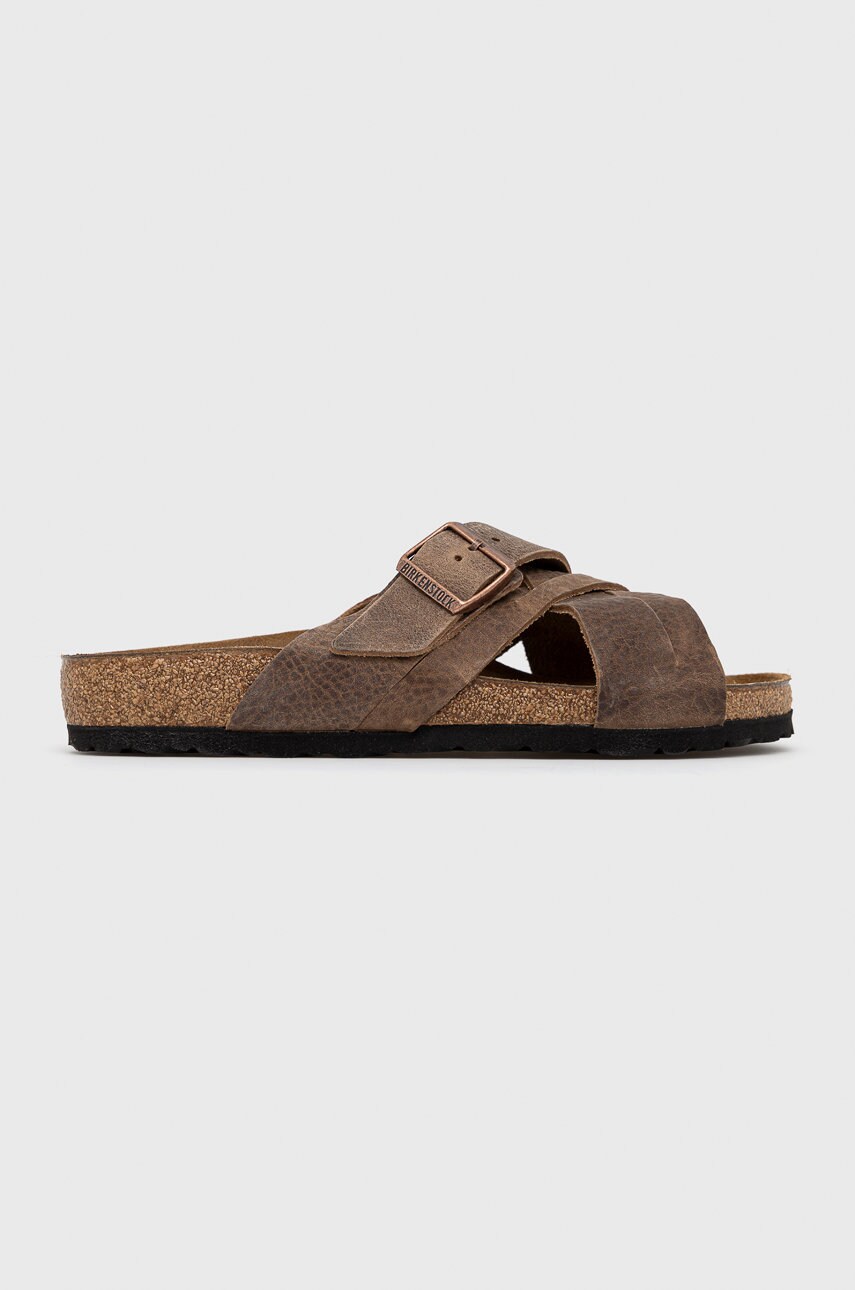 Birkenstock papuci din piele Lugano barbati, culoarea maro