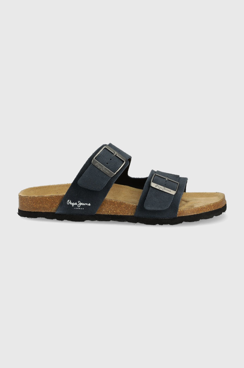 Pepe jeans papuci din piele bio man suede 22 barbati, culoarea albastru marin