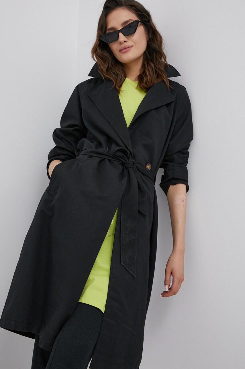Vero moda trenci femei, culoarea negru, de tranzitie, cu doua randuri de nasturi