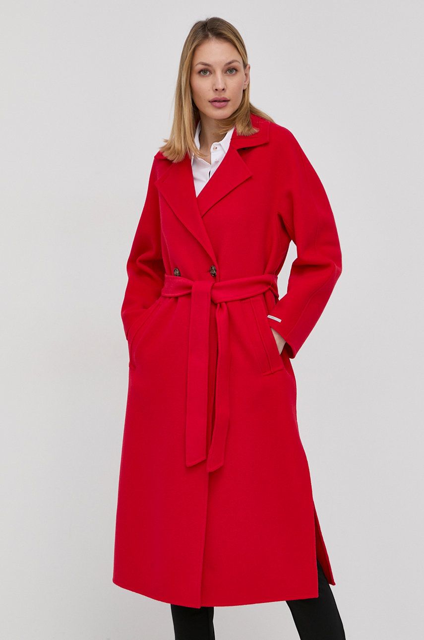 Marella palton de lana culoarea rosu, de tranzitie, cu doua randuri de nasturi