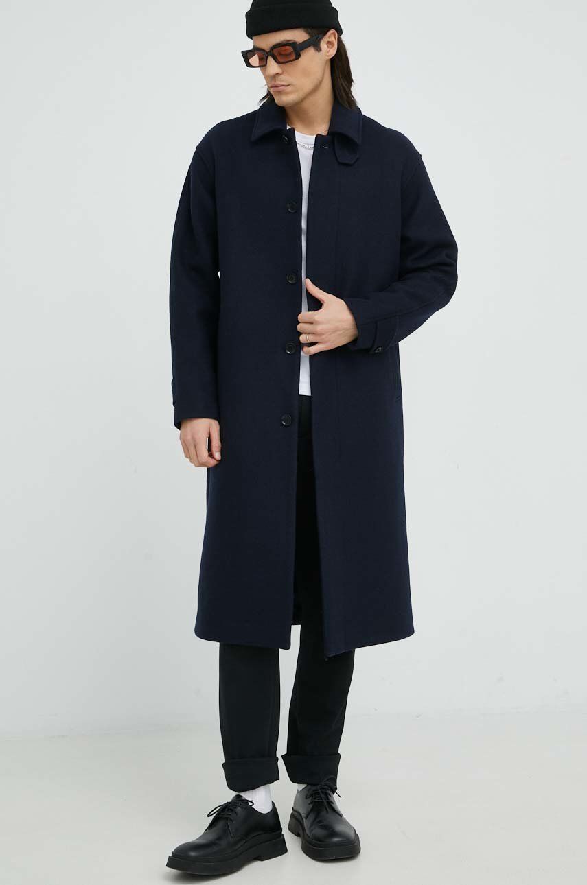 Vlněný kabát Samsoe Samsoe šedá barva, přechodný - námořnická modř -  Hlavní materiál: 62% Recy