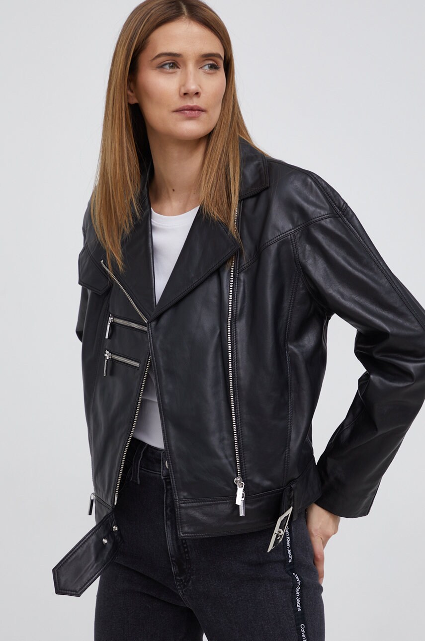 Armani exchange geacă ramones de piele femei, culoarea negru, de tranzitie