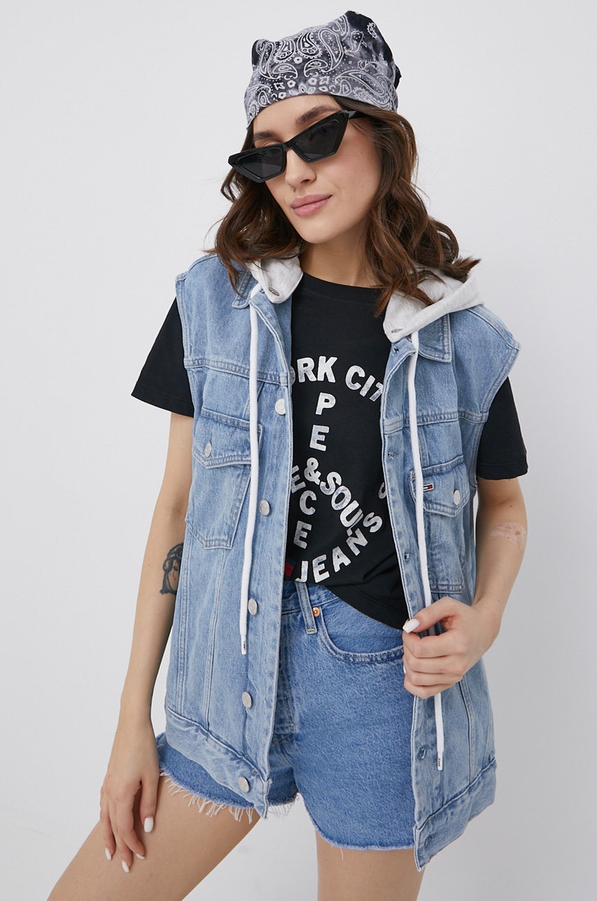 

Дънков елек Tommy Jeans дамски с преходна изолация, Син