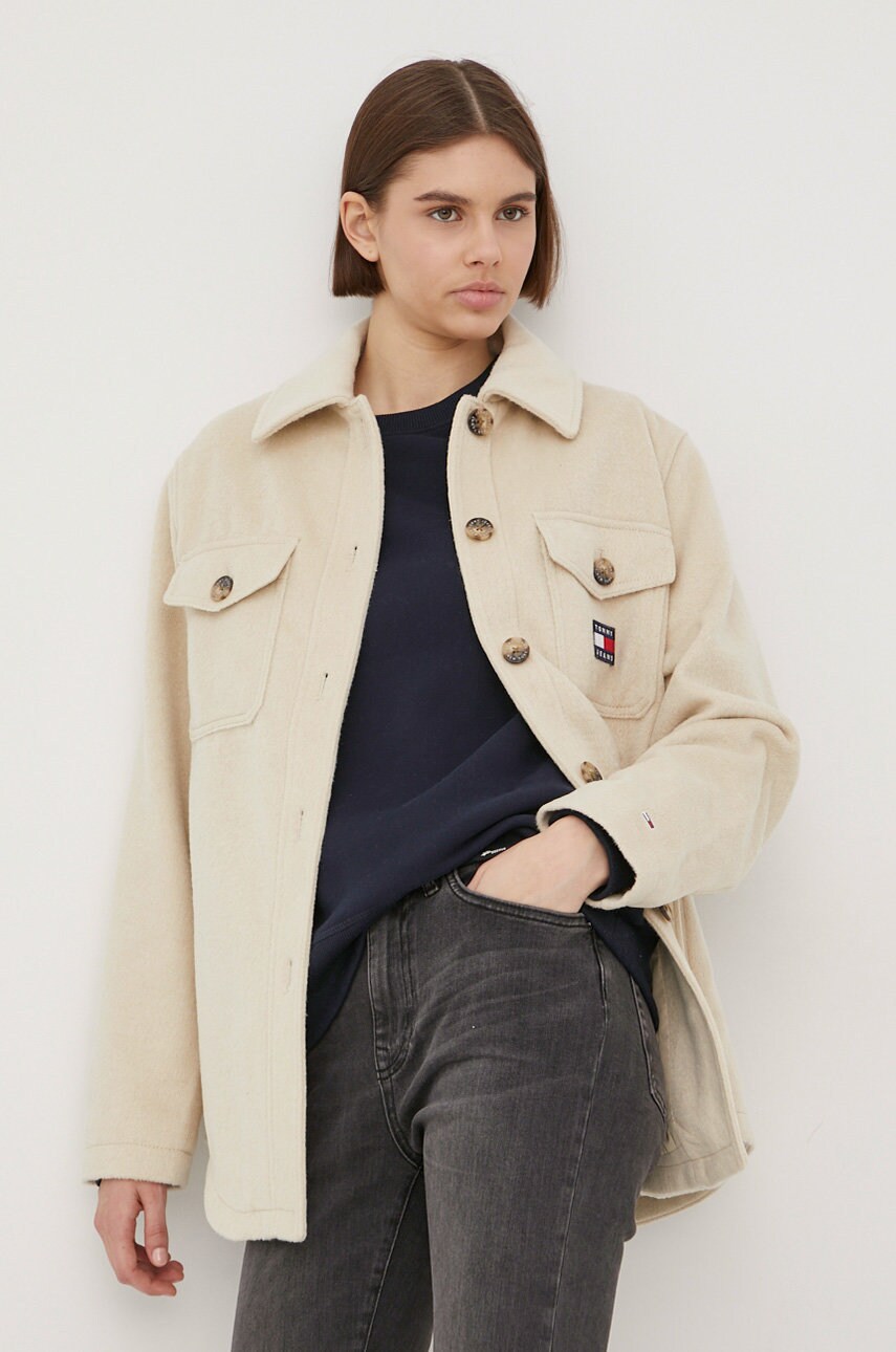Tommy jeans geaca din amestec de lana culoarea bej, de tranzitie