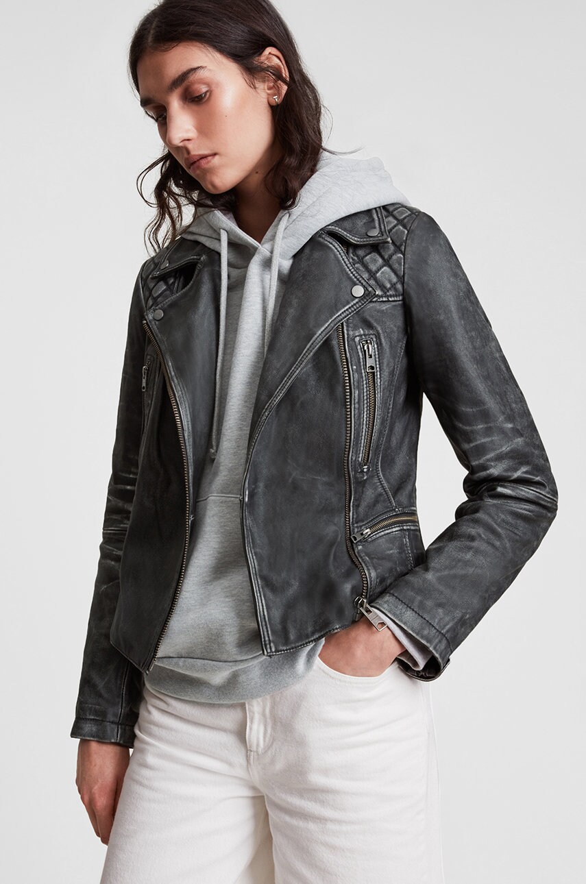 

Кожаная куртка AllSaints женская цвет чёрный переходная