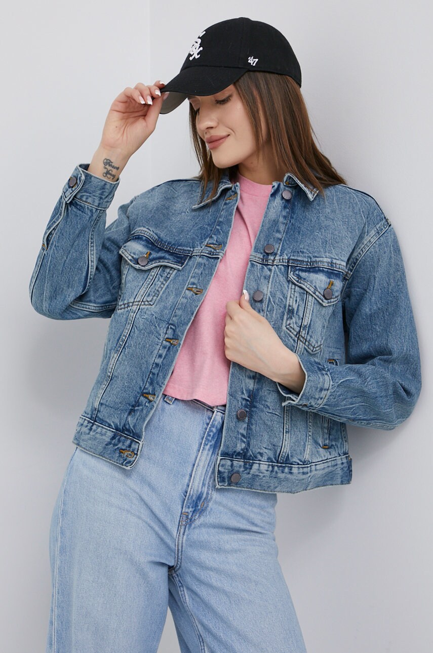 Superdry geaca jeans femei, culoarea albastru marin, de tranzitie