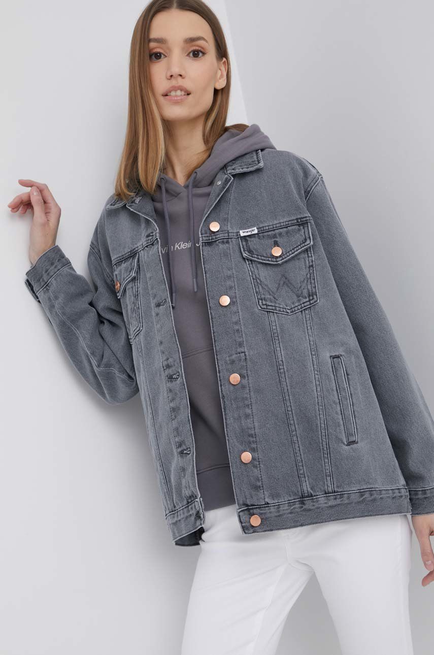 Wrangler geaca jeans femei, culoarea gri, de tranzitie, oversize imagine reduceri black friday 2021 answear.ro