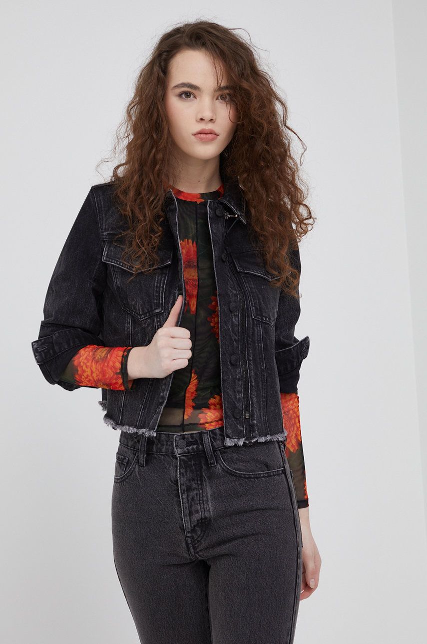 Armani Exchange geaca jeans femei, culoarea negru, de tranzitie imagine reduceri black friday 2021 answear.ro