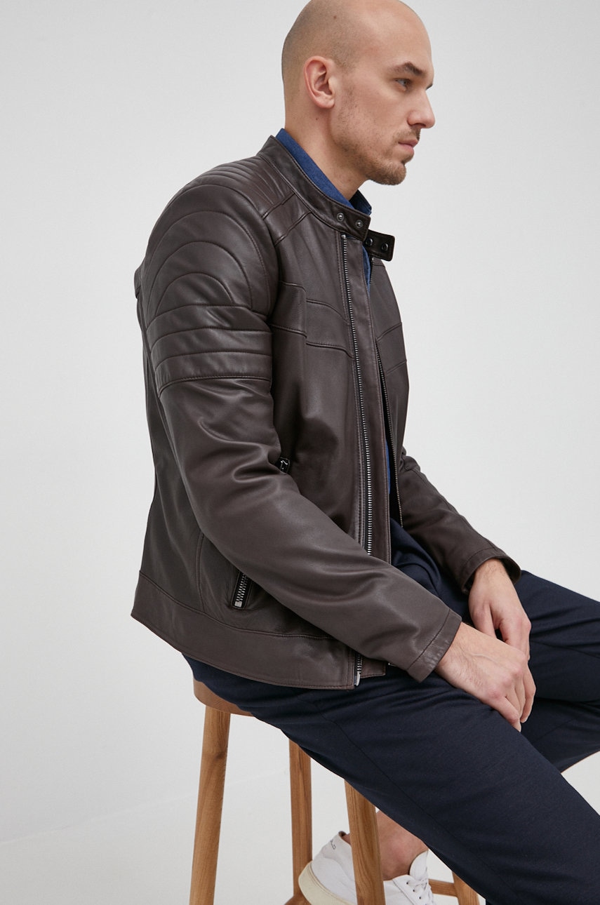 Boss geaca de piele boss casual barbati, culoarea maro, de tranzitie
