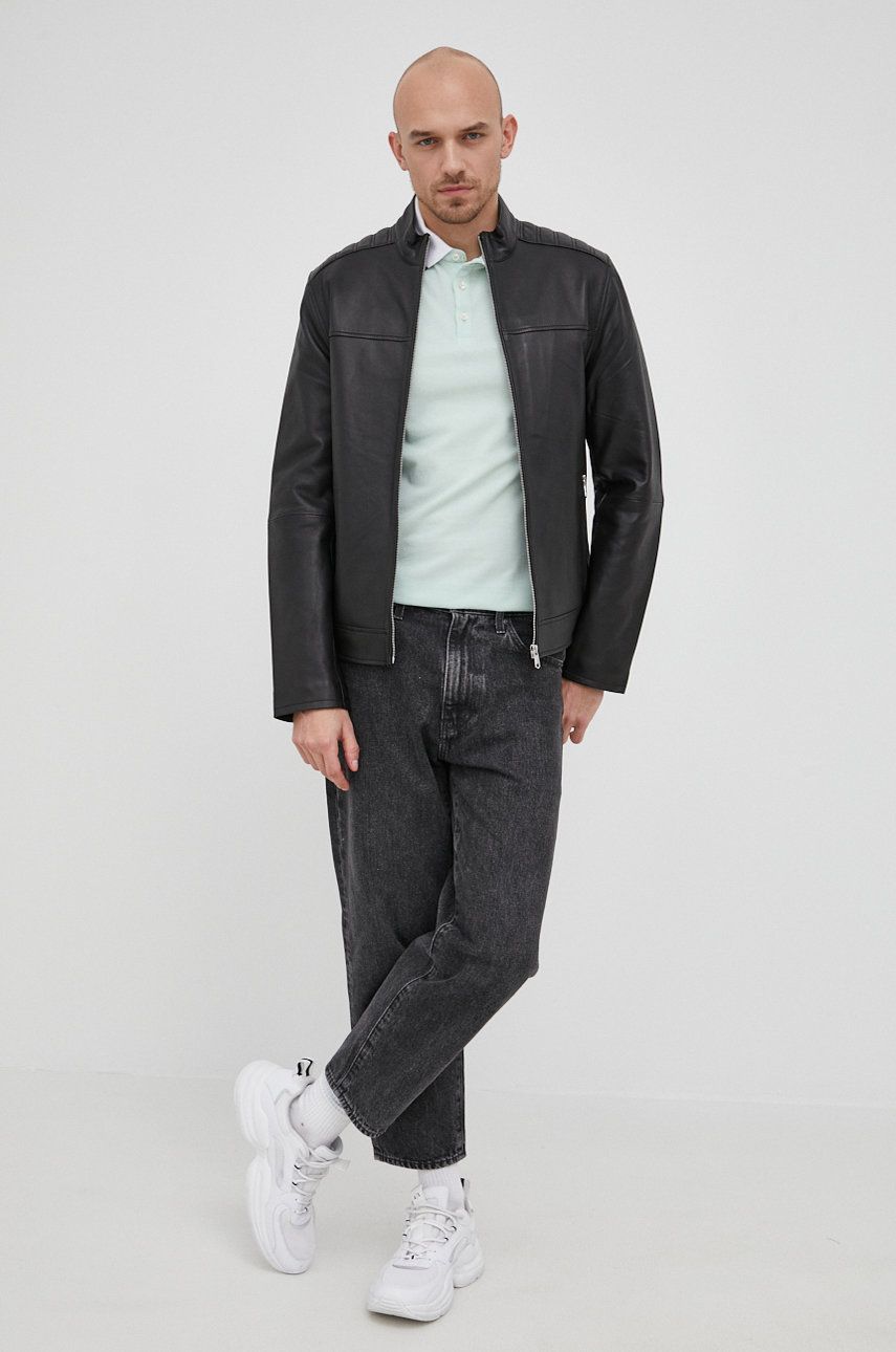 Calvin Klein kurtka skórzana męska kolor czarny przejściowa