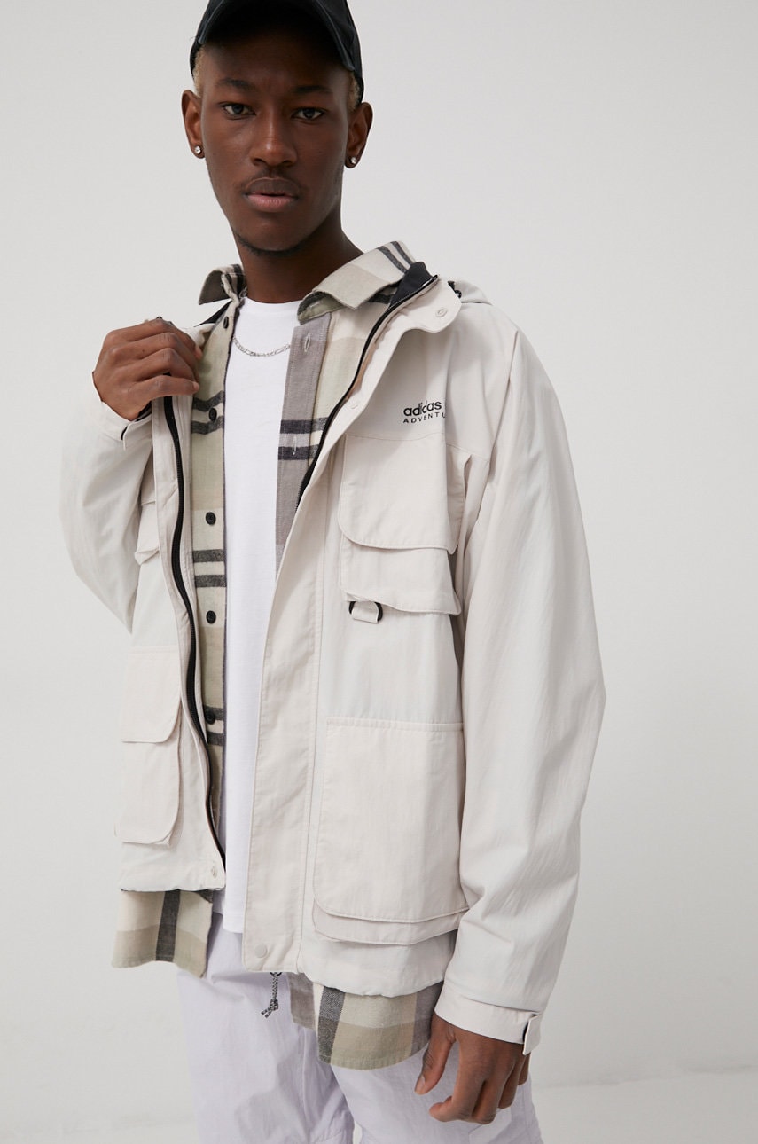Adidas originals geaca barbati, culoarea bej, de tranzitie, oversize