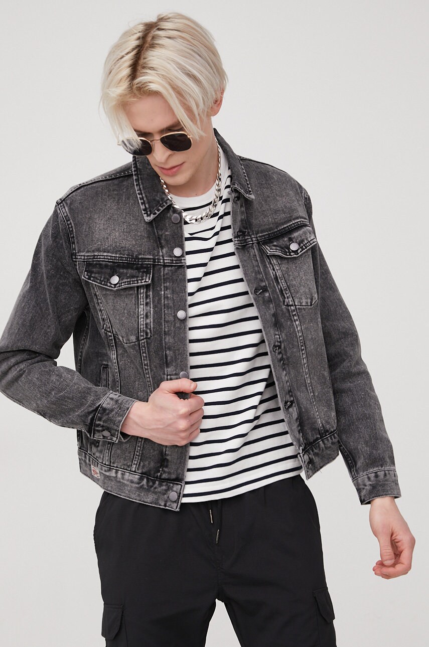 Superdry geaca jeans barbati, culoarea negru, de tranzitie