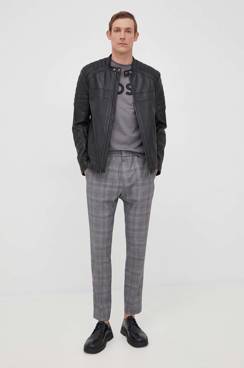

Кожаная куртка BOSS Boss Casual мужская цвет чёрный переходная