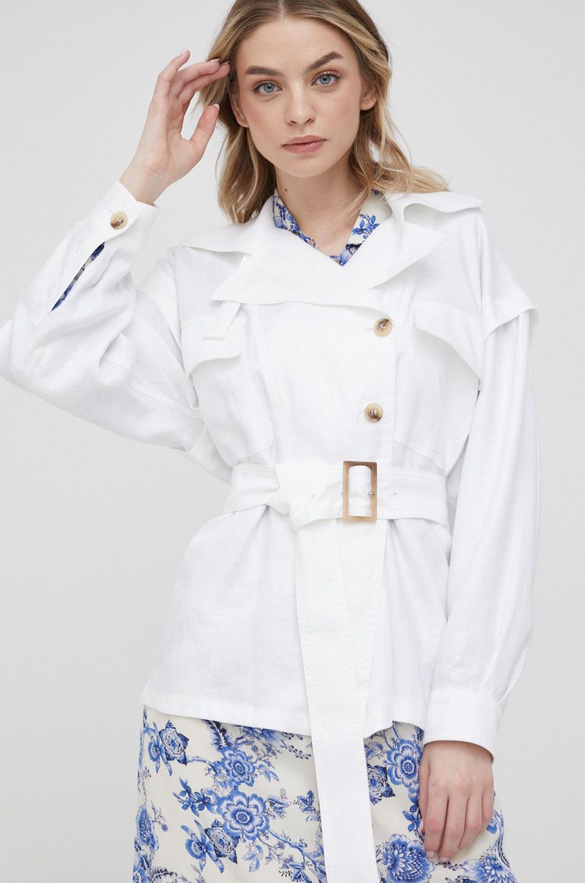 Plátěná bunda Emporio Armani bílá barva, oversize, hladká - bílá -  100 % Len