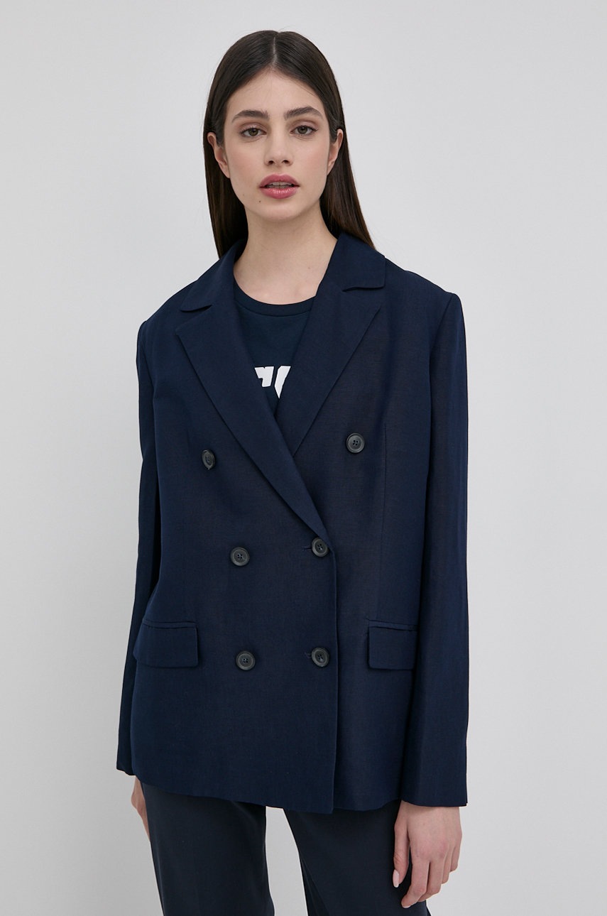 

Льняний жакет Trussardi колір синій двобортна однотонна