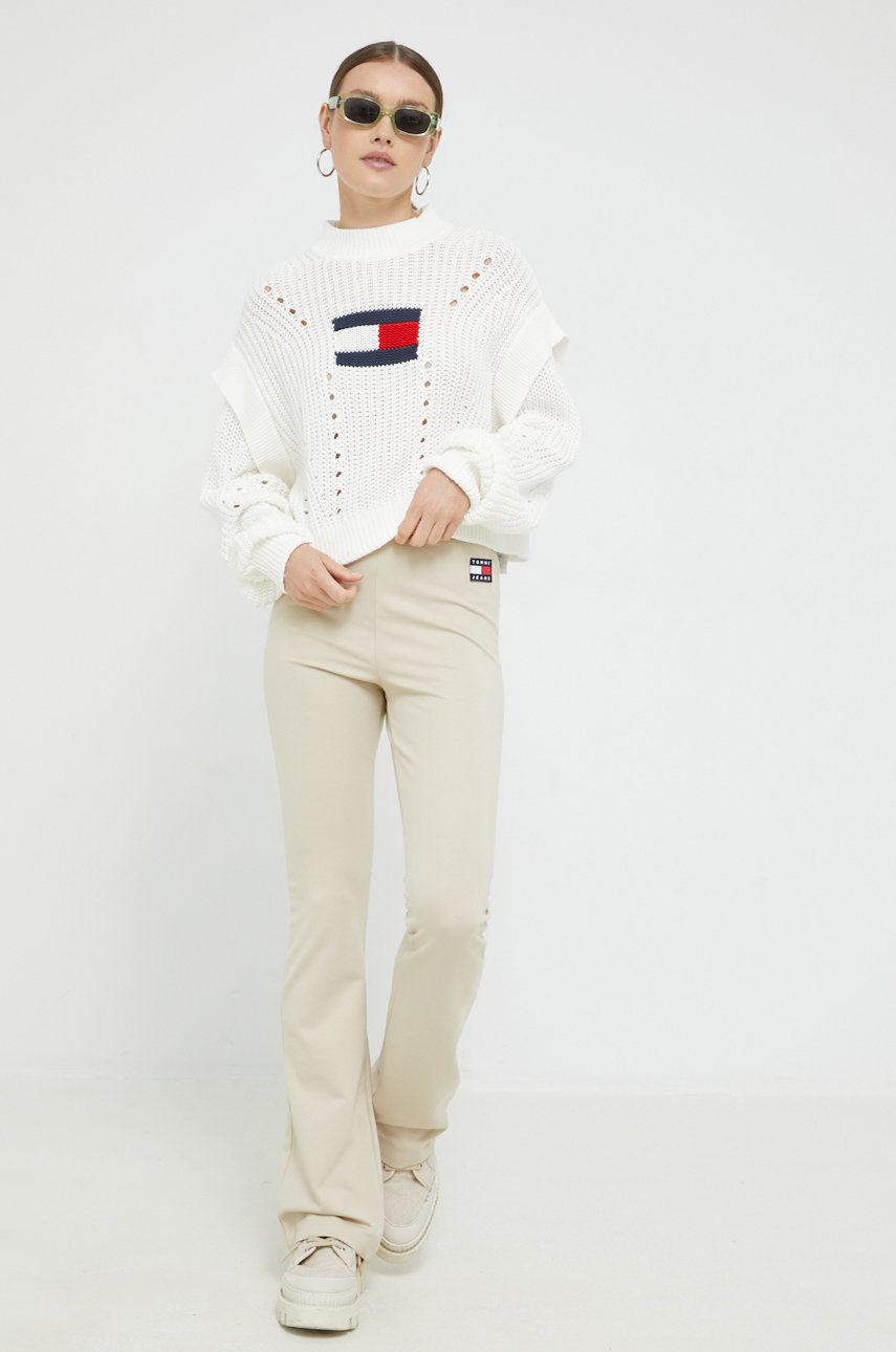 Tommy Jeans spodnie damskie kolor beżowy dzwony high waist