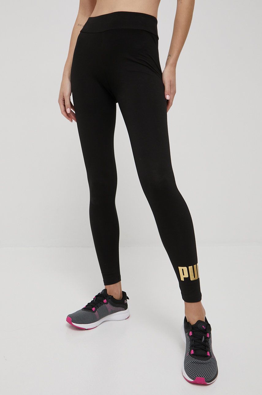 Puma colanti Essentials+ Metallic femei, culoarea negru, cu imprimeu answear.ro