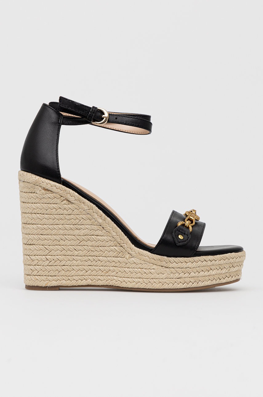 

Кожени сандали Guess Wendy дамски в черно със скосена платформа, Черен