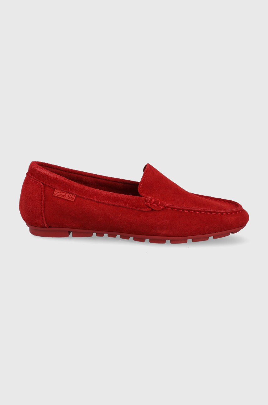 Big star mocasini din piele intoarsa femei, culoarea rosu, cu toc plat