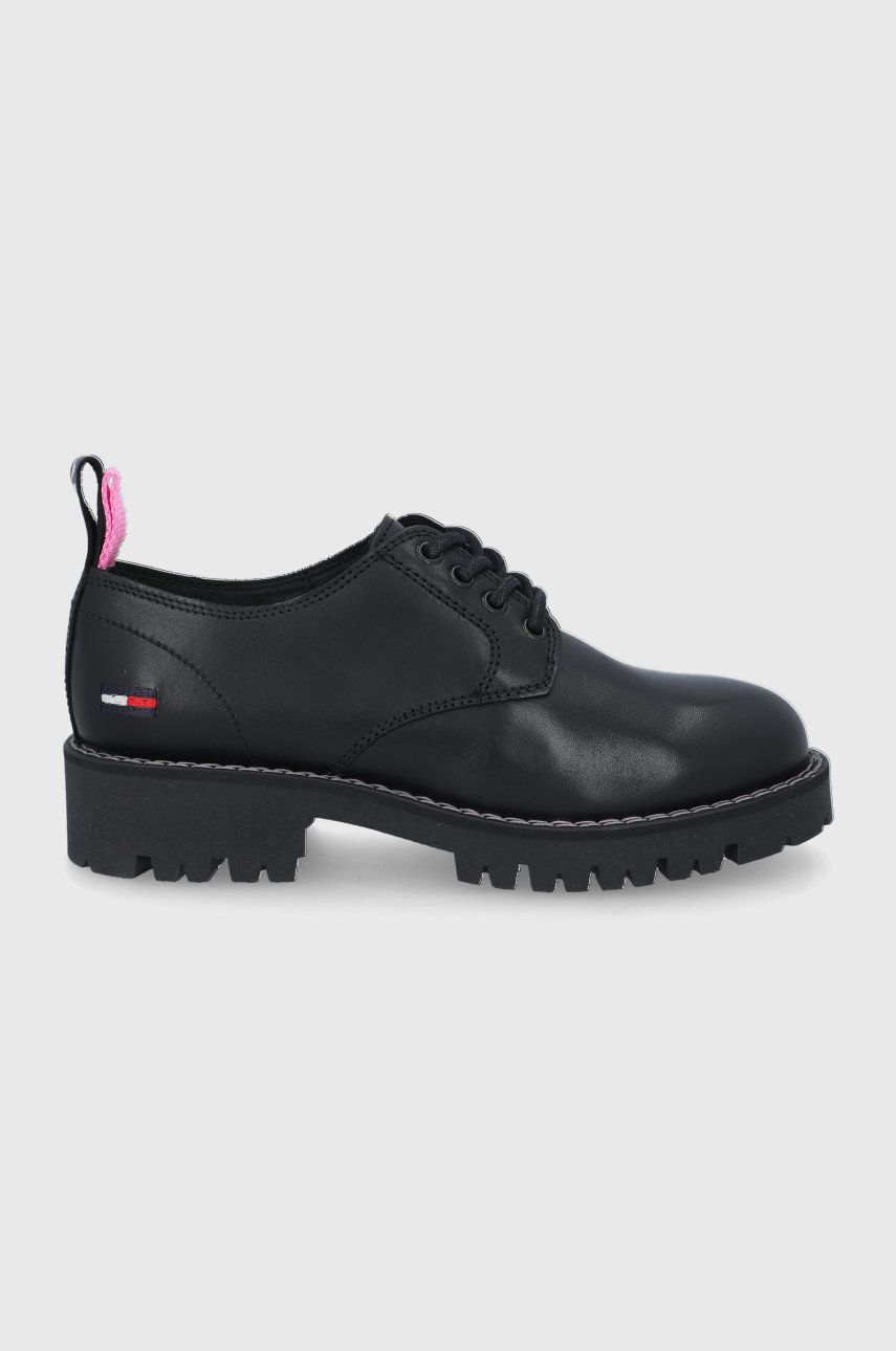 Tommy Jeans pantofi de piele femei, culoarea negru, cu toc plat answear.ro