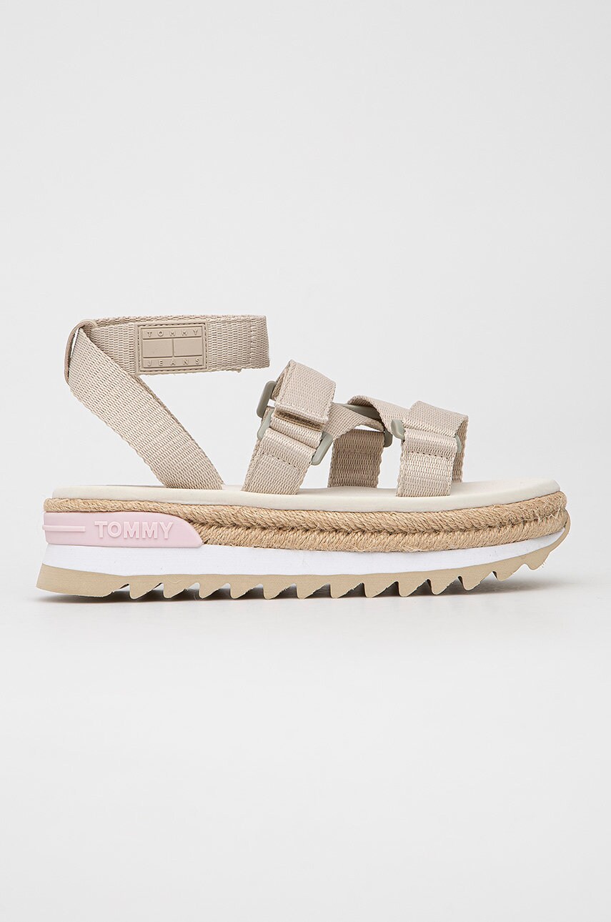 Tommy jeans sandale femei, culoarea bej, cu platforma