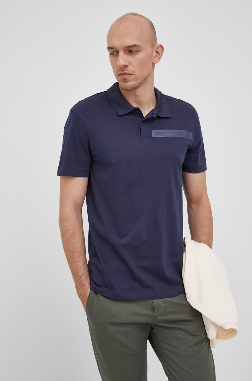 Armani exchange polo de bumbac culoarea albastru marin, cu imprimeu