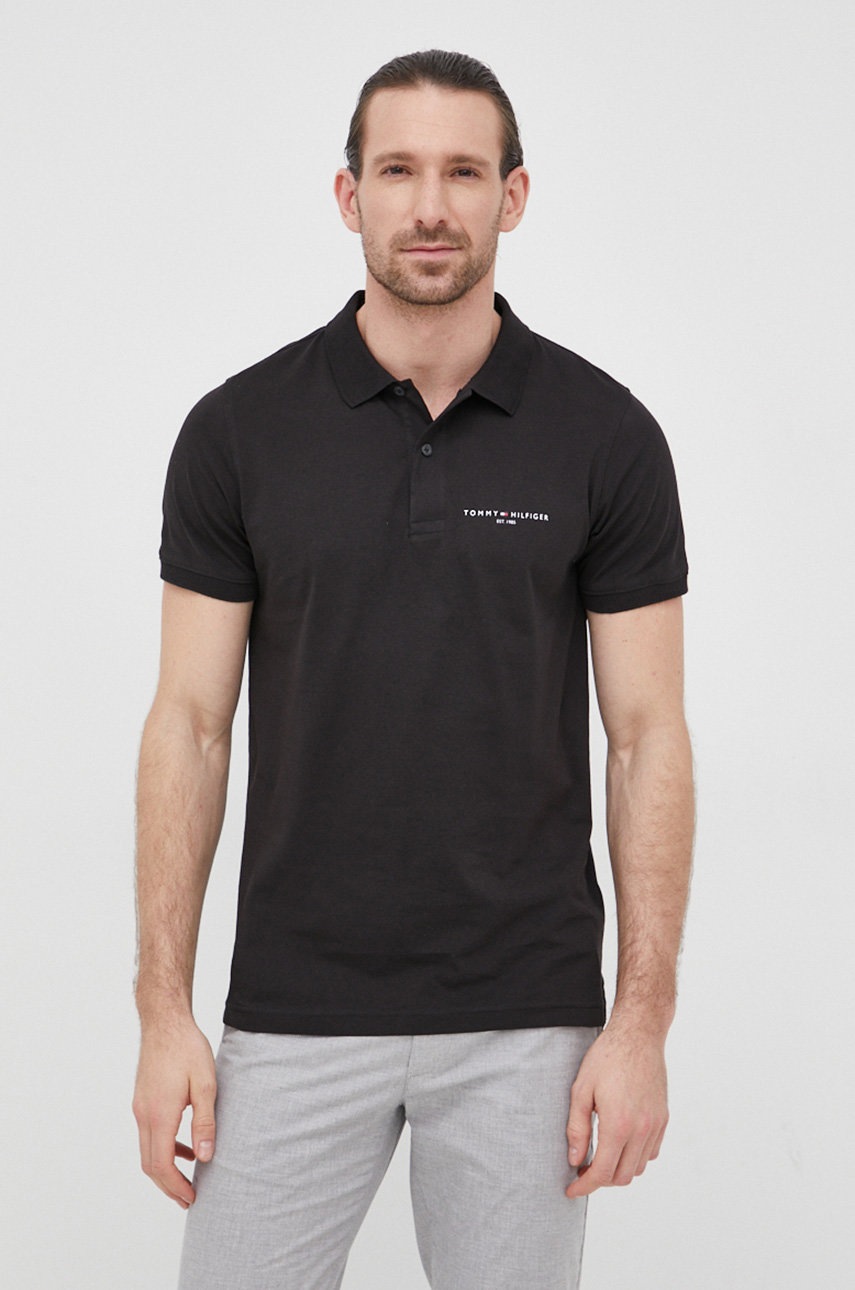 

Памучна тениска с яка Tommy Hilfiger в черно с принт, Черен
