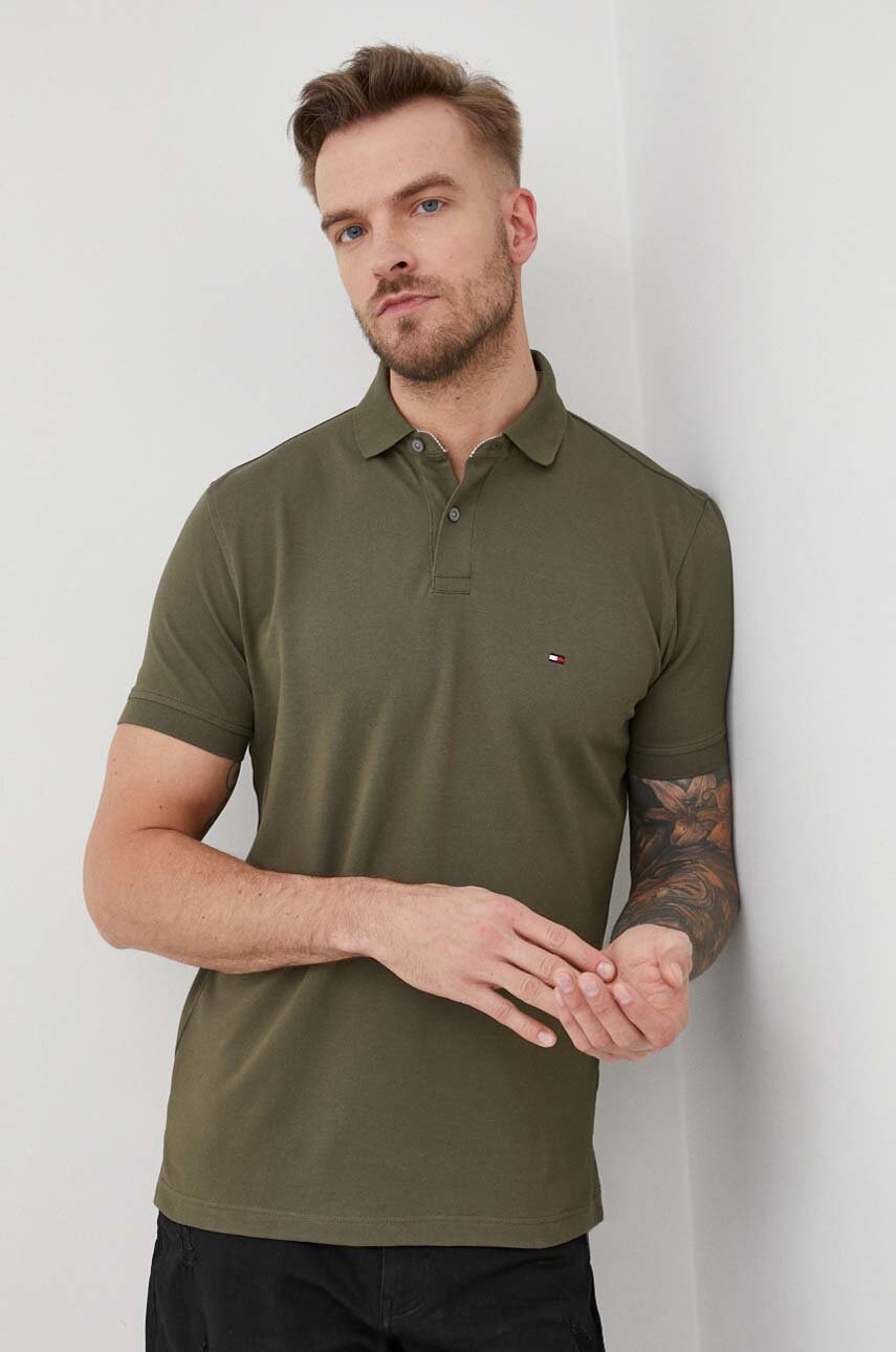 Levně Polo tričko Tommy Hilfiger pánské, zelená barva, hladké