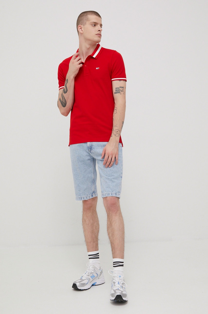 

Поло Tommy Jeans чоловічий колір червоний гладкий