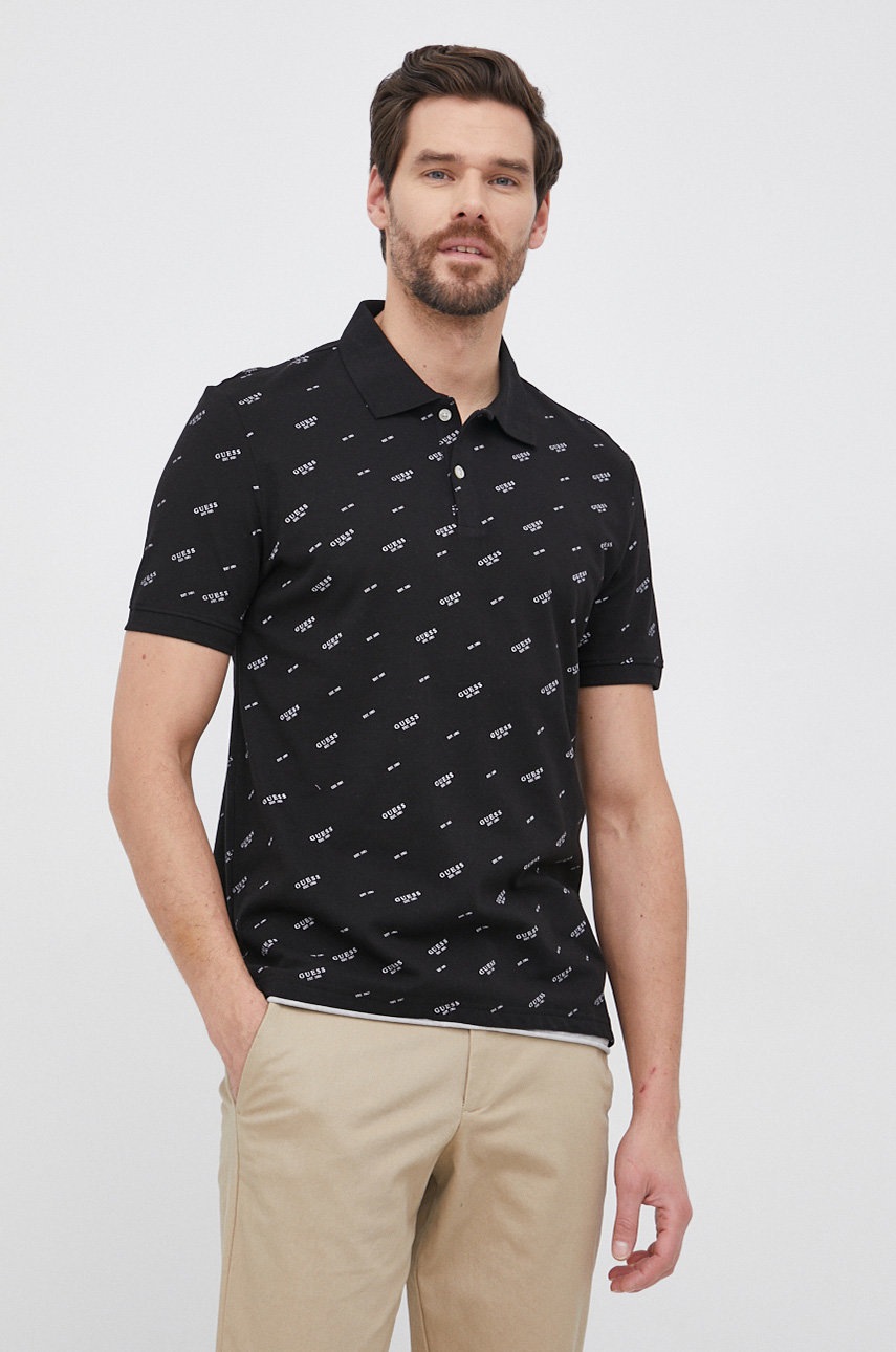 

Тениска с яка Guess мъжка в черно с десен, Черен