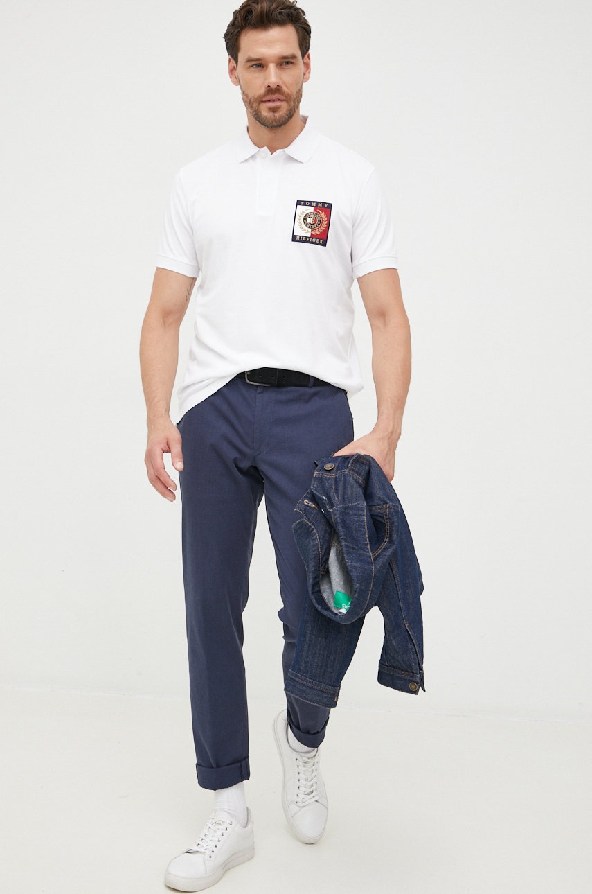 

Памучна тениска с яка Tommy Hilfiger Icon в бяло с апликация, Бял