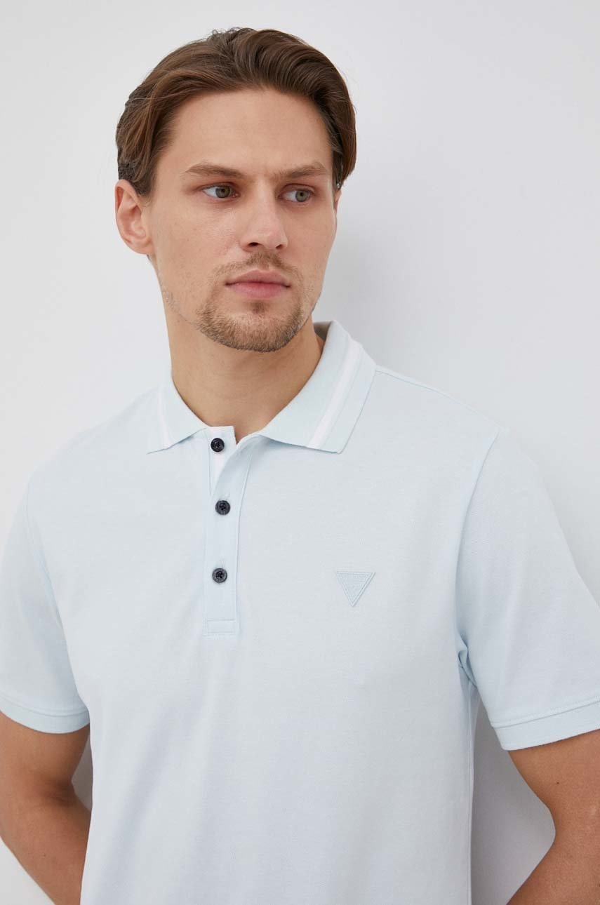 

Тениска с яка Guess мъжки с изчистен дизайн, Син