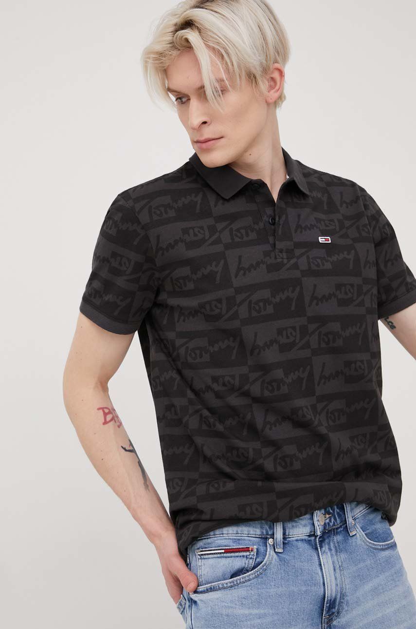 Bavlnené polo tričko Tommy Jeans čierna farba, s potlačou
