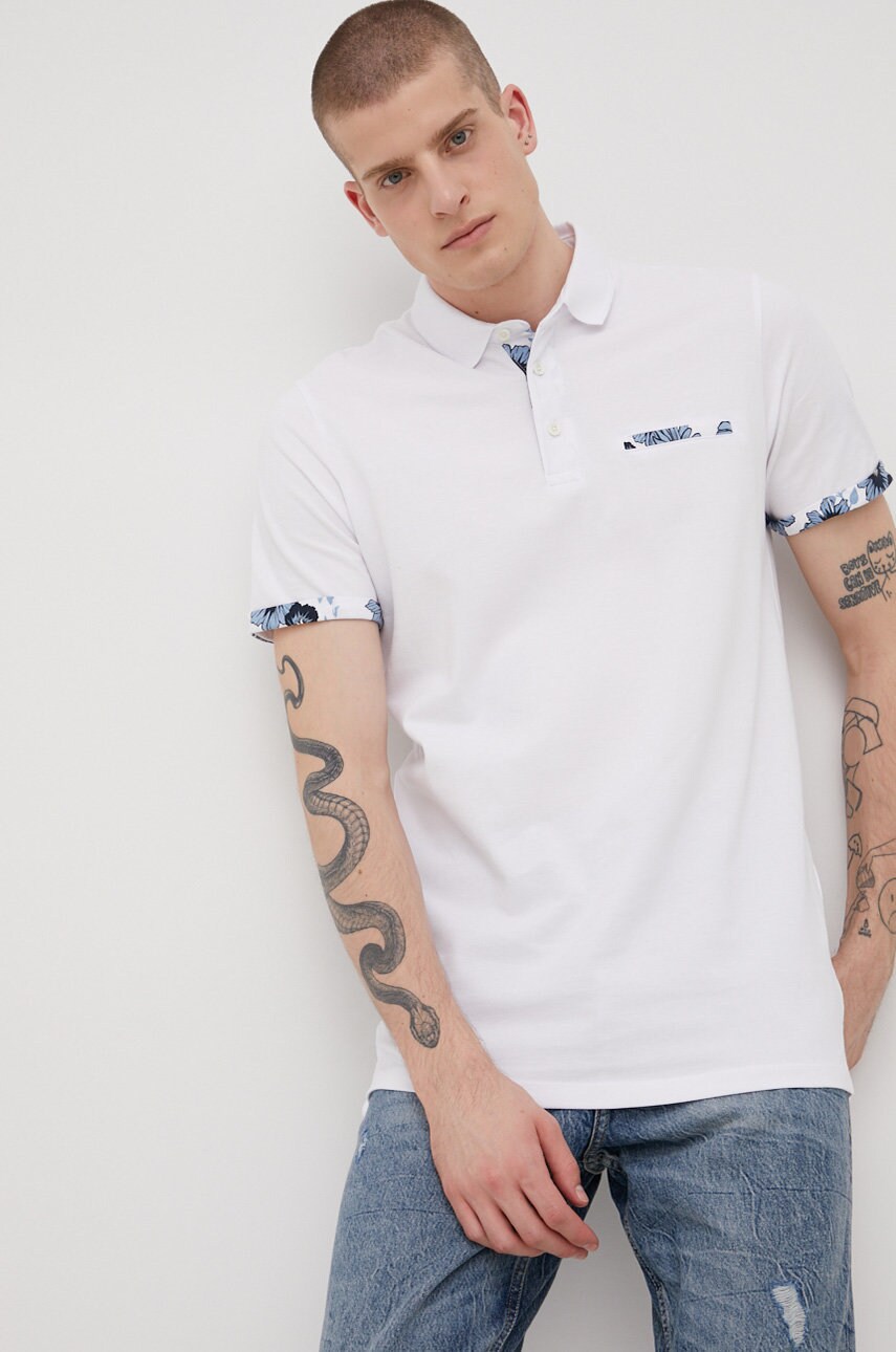 

Памучна тениска с яка Produkt by Jack & Jones в бяло с изчистен дизайн, Бял