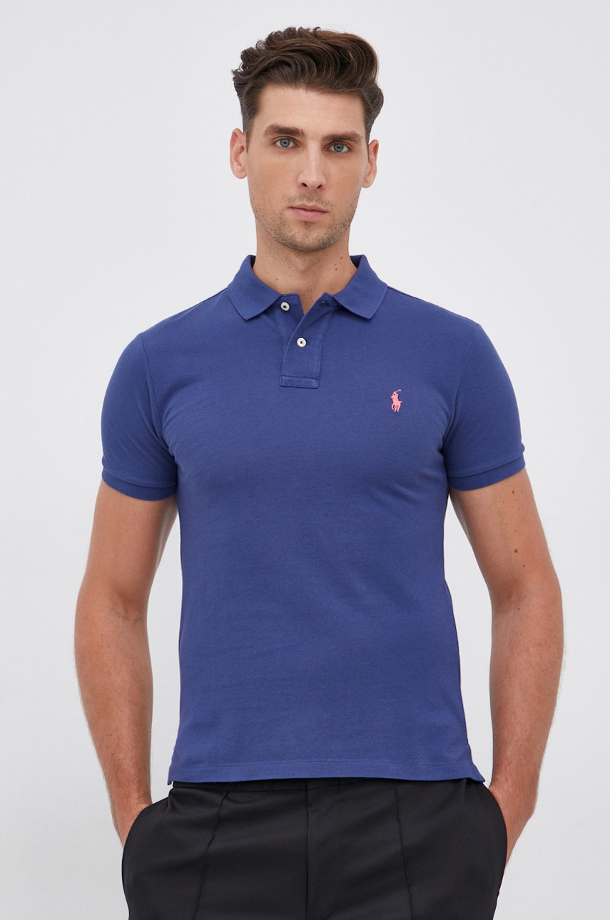 

Памучна тениска с яка Polo Ralph Lauren с изчистен дизайн, Син
