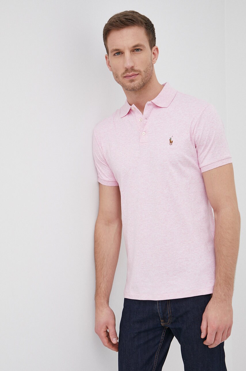 

Памучна тениска с яка Polo Ralph Lauren в меланж на розово, Розов