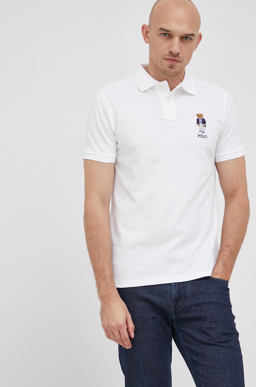

Памучна тениска с яка Polo Ralph Lauren в бяло с апликация, Бял