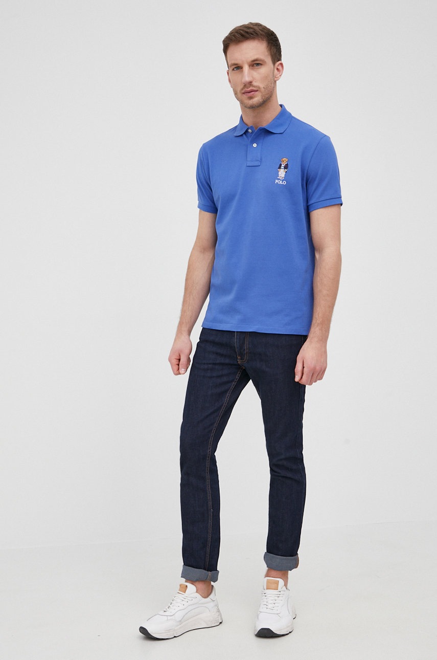 

Памучна тениска с яка Polo Ralph Lauren с апликация, Син
