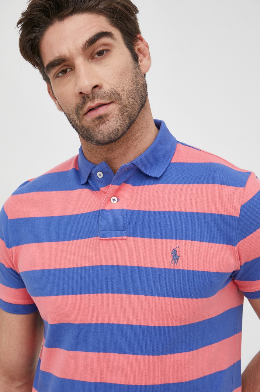 

Памучна тениска с яка Polo Ralph Lauren в розово с десен, Розов
