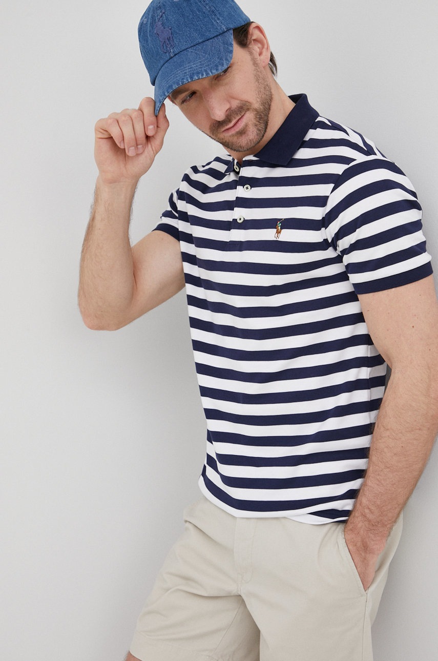 

Памучна тениска с яка Polo Ralph Lauren в тъмносиньо с десен, Тъмносин
