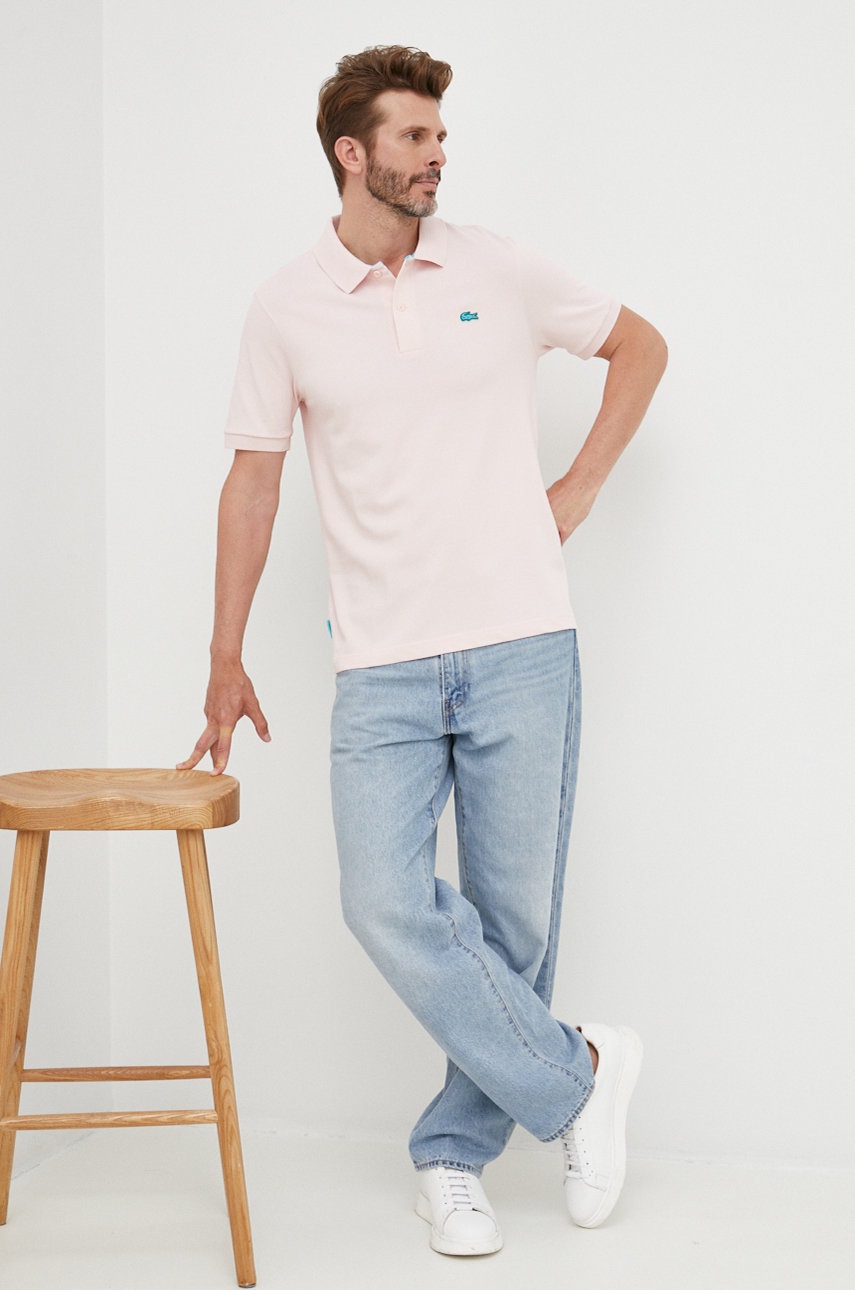 

Памучна тениска с яка Lacoste в розово с изчистен дизайн, Розов