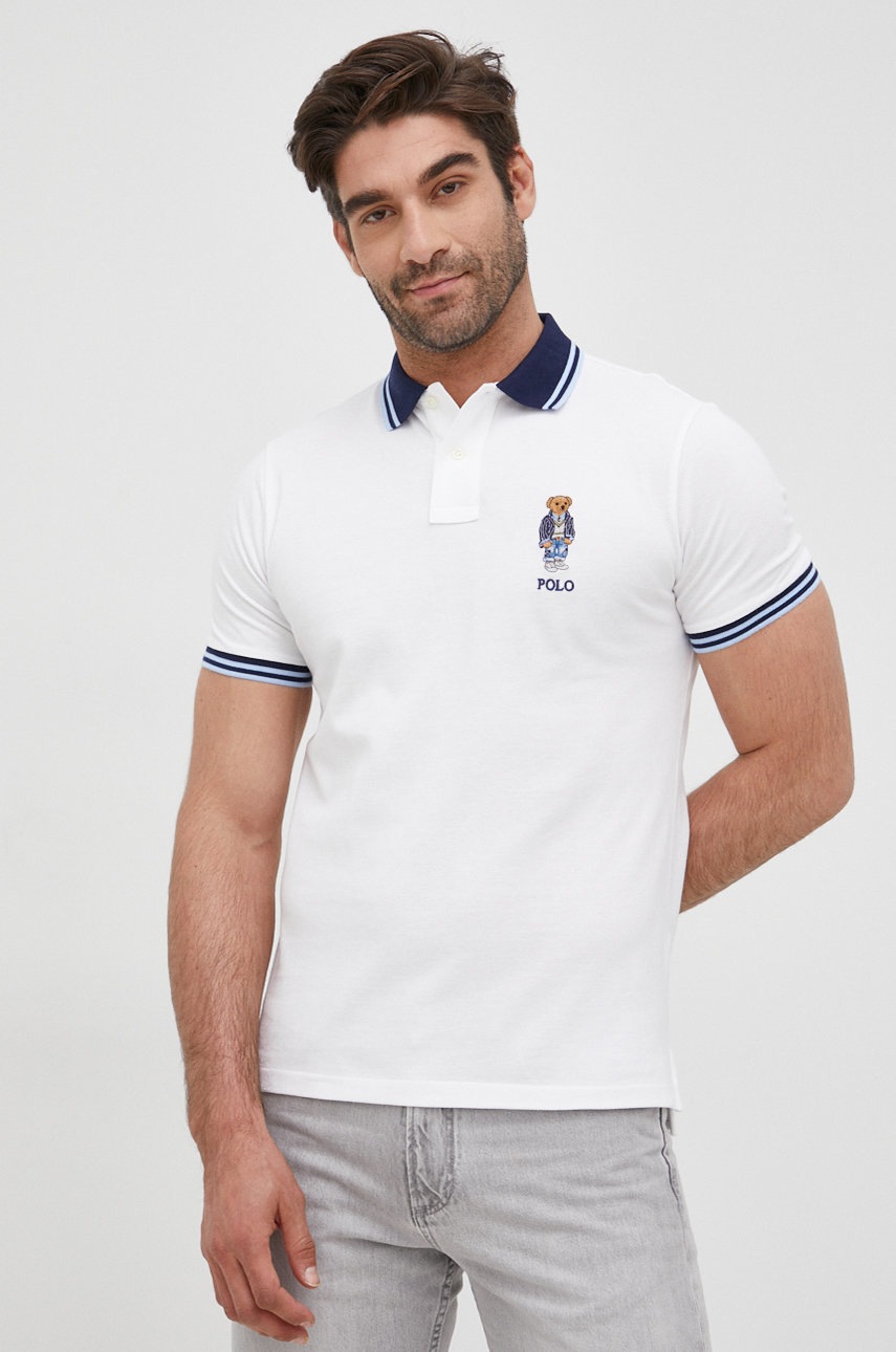 

Памучна тениска с яка Polo Ralph Lauren в бяло с апликация, Бял