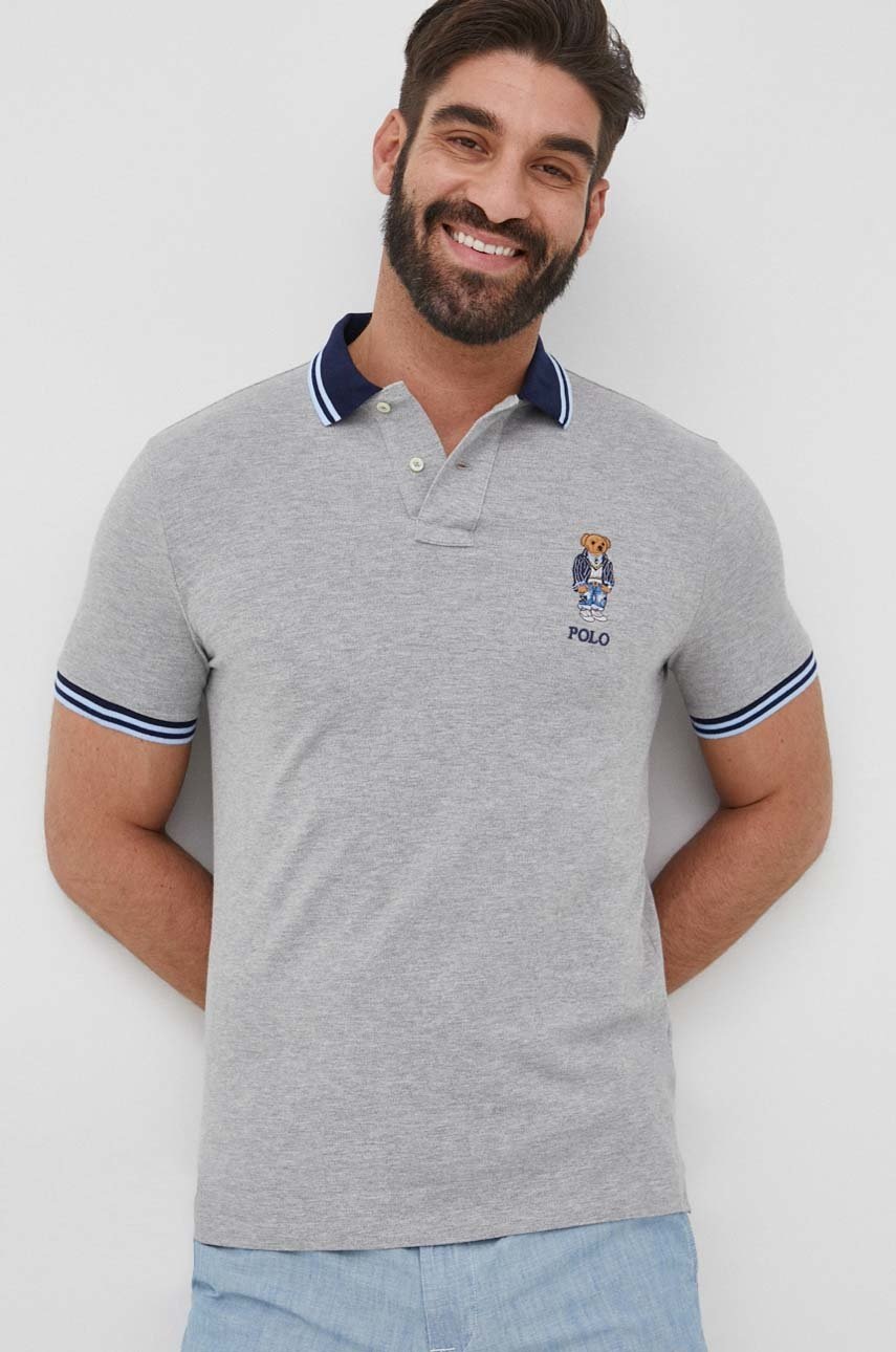 

Памучна тениска с яка Polo Ralph Lauren в сиво с изчистен дизайн, Сив