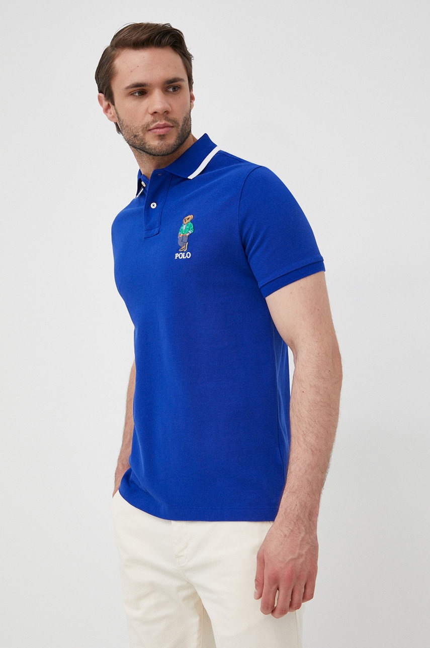 

Памучна тениска с яка Polo Ralph Lauren с апликация, Син
