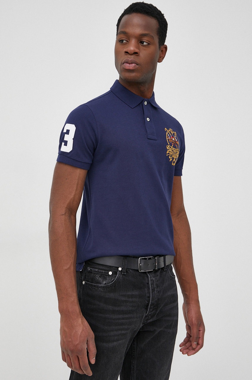 

Памучна тениска с яка Polo Ralph Lauren в тъмносиньо с апликация, Тъмносин