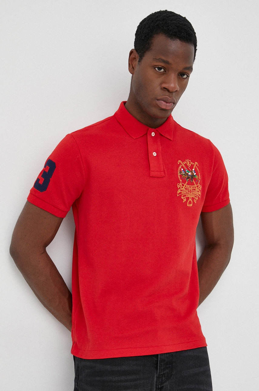 

Памучна тениска с яка Polo Ralph Lauren в червено с апликация, Червен