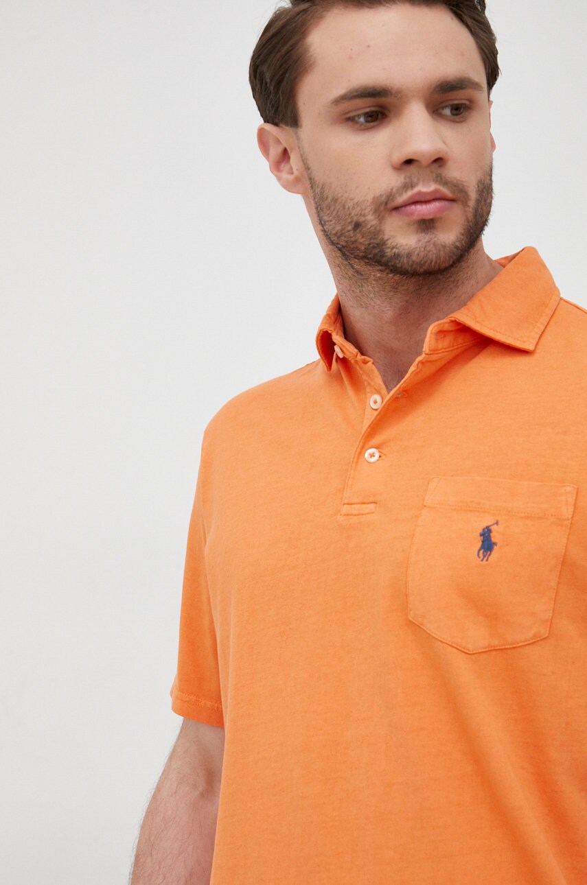 

Тениска с яка с лен Polo Ralph Lauren в оранжево с изчистен дизайн, Оранжев