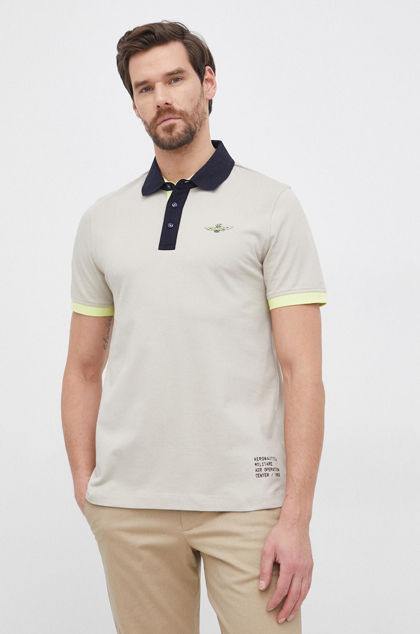 Aeronautica militare tricou polo bărbați, culoarea bej, cu imprimeu
