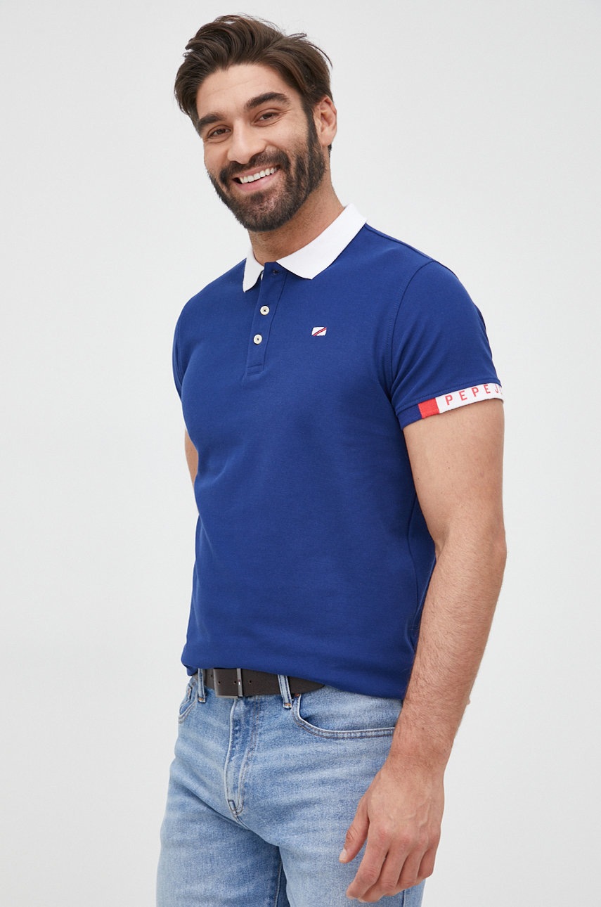 

Памучна тениска с яка Pepe Jeans Felix в тъмносиньо с апликация, Тъмносин